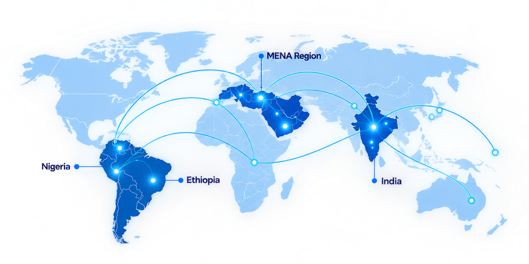 Map showing Deepija Telecom's global presence across MENA, Africa, India and other regions