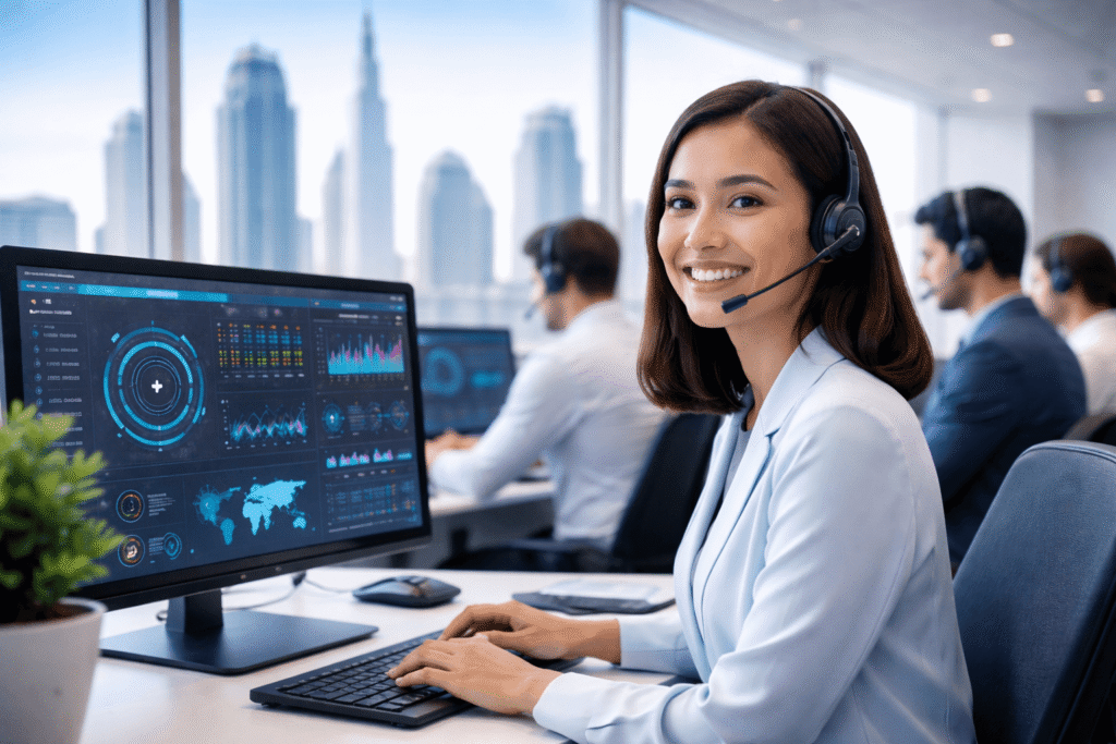 Customer support agents working together in a Dubai contact center