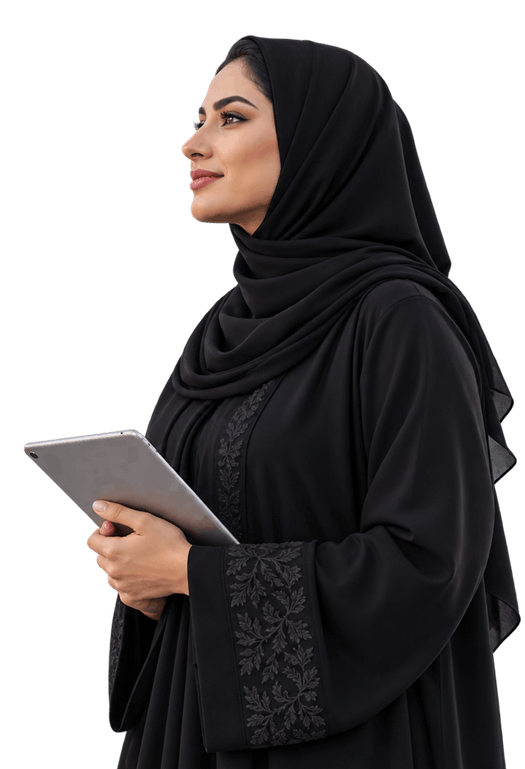 Business professional in Dubai reviewing communication solutions on a tablet