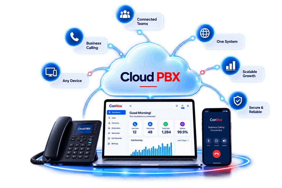 Cloud PBX dashboard shown across laptop, IP phone and mobile device